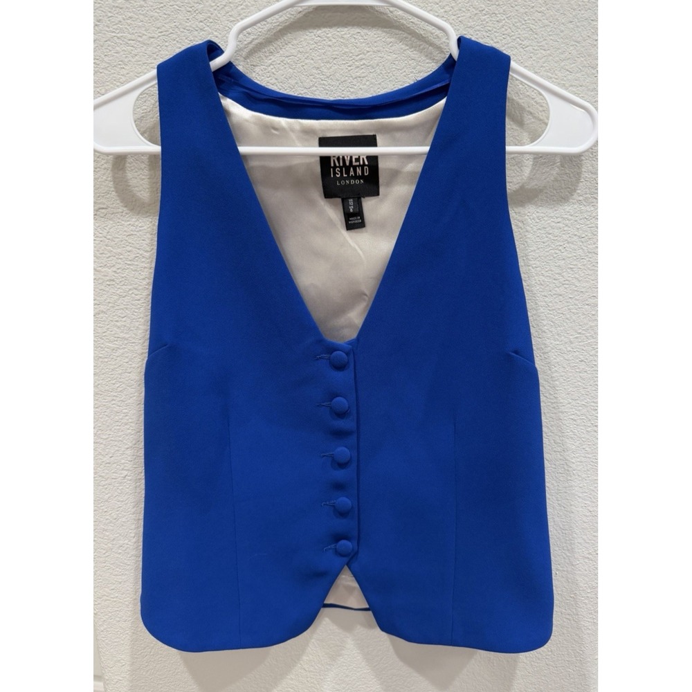 River Island LondonCrepe Vest V-neck Covered Buttons Blue Waistcoat Sz US 6